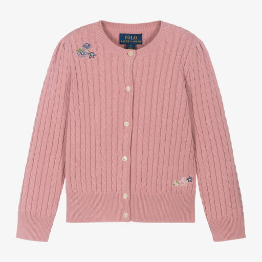 Ralph Lauren-Girls Pink Cable Knit Cardigan | Childrensalon