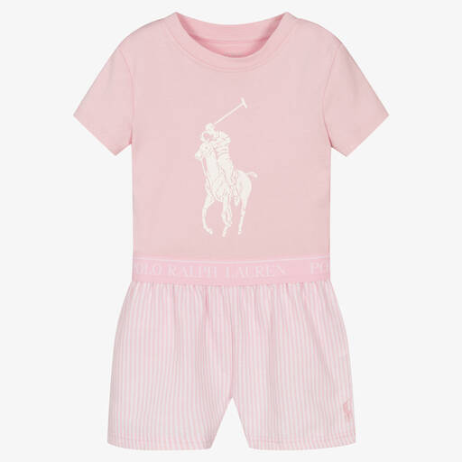 Ralph Lauren-Girls Pink Cotton Big Pony Short Pyjamas | Childrensalon