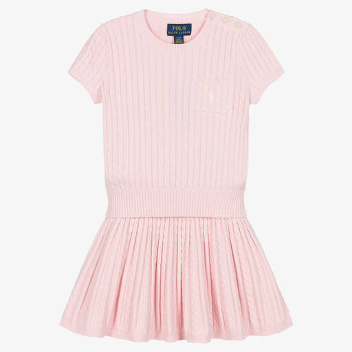 Ralph Lauren-Girls Pink Cotton Knit Skirt Set | Childrensalon
