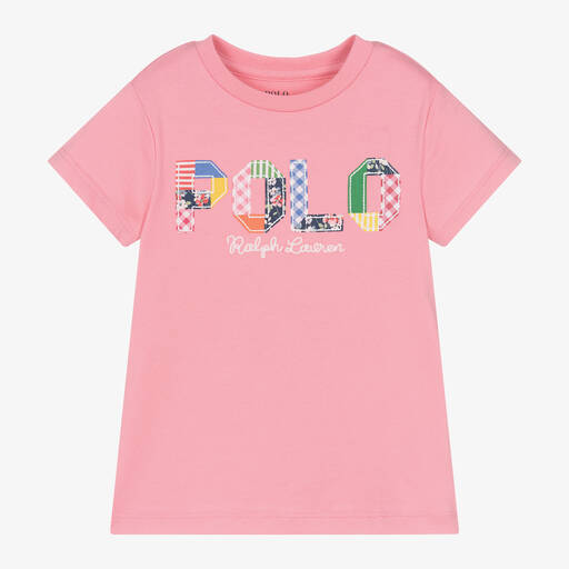 Ralph Lauren-Girls Pink Cotton Patchwork T-Shirt | Childrensalon