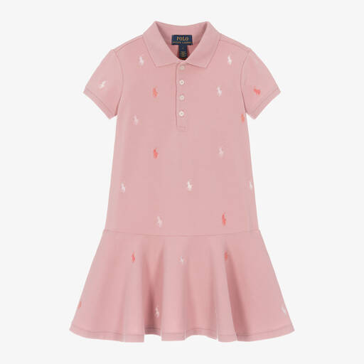 Ralph Lauren-Girls Pink Cotton Pony Polo Dress | Childrensalon