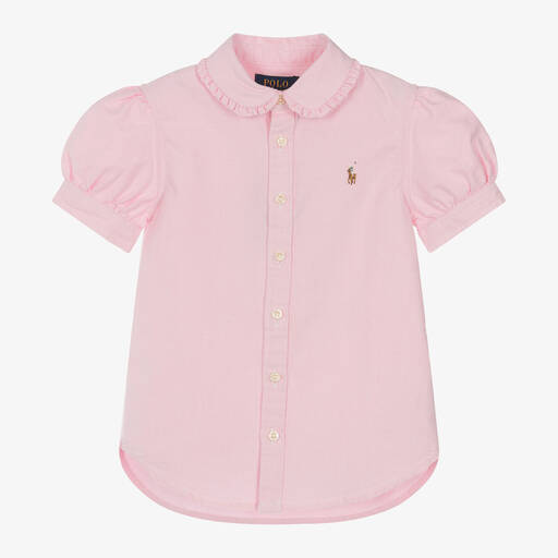 Ralph Lauren-Girls Pink Cotton Puffed Sleeve Shirt | Childrensalon