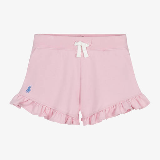 Ralph Lauren-Girls Pink Cotton Ruffle Shorts | Childrensalon