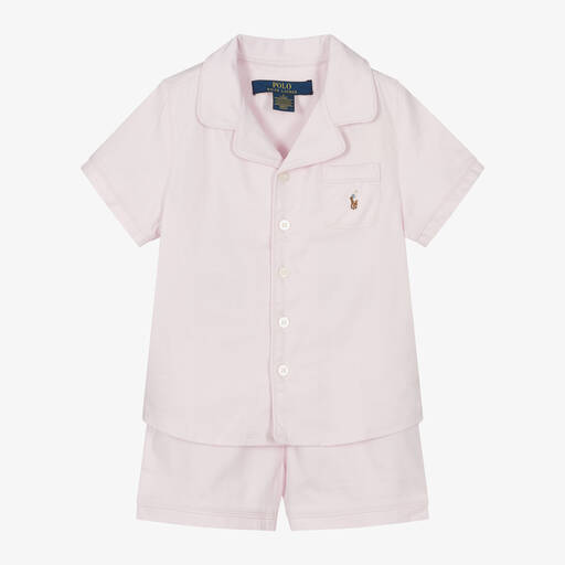 Ralph Lauren-Girls Pink Cotton Short Pyjamas | Childrensalon