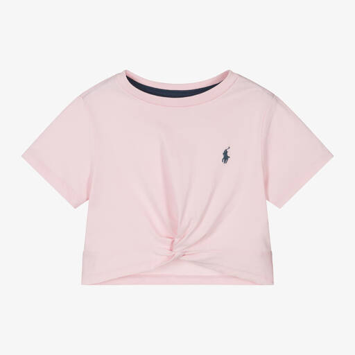 Ralph Lauren-Girls Pink Cotton Twist Front T-Shirt | Childrensalon