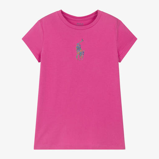 Ralph Lauren-Girls Pink Floral Big Pony Cotton T-Shirt | Childrensalon