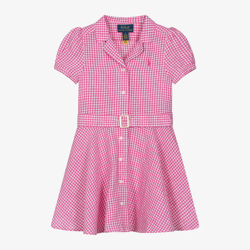 Ralph Lauren-Girls Pink Gingham Linen Dress | Childrensalon