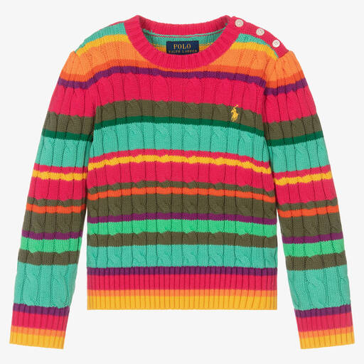 Ralph Lauren-Girls Pink & Green Cable Knit Sweater | Childrensalon