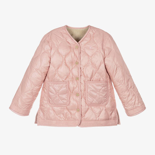 Ralph Lauren-Girls Pink Quilted & Ivory Teddy Fleece Reversible Jacket | Childrensalon