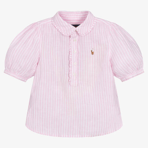 Polo Ralph Lauren-Girls Pink & White Stripe Linen Blouse | Childrensalon