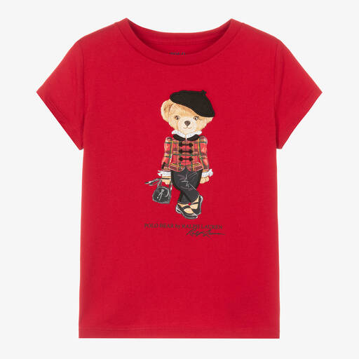Ralph Lauren-Girls Red Cotton Parisian Bear T-Shirt | Childrensalon