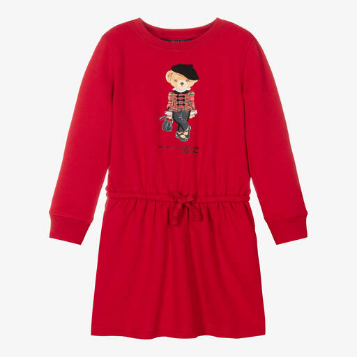 Ralph Lauren-Girls Red Cotton Polo Bear Dress | Childrensalon