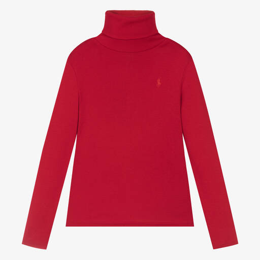 Ralph Lauren-Girls Red Cotton Roll Neck Sweater | Childrensalon