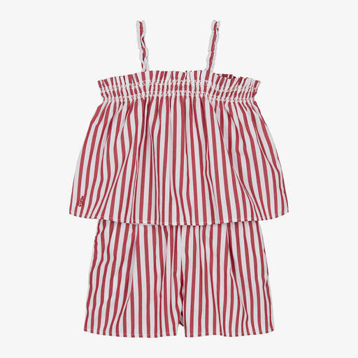 Ralph Lauren-Girls Red & White Stripe Cotton Shorts Set | Childrensalon