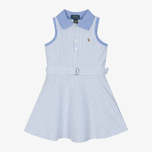Ralph Lauren-Girls White & Blue Stripe Cotton Dress | Childrensalon
