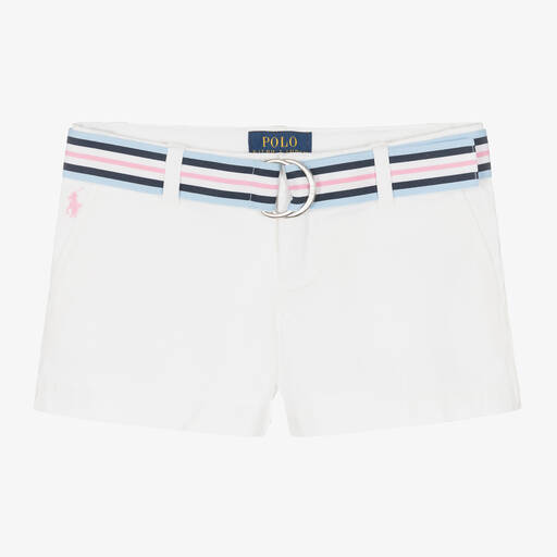 Ralph Lauren-Girls White Cotton Chino Shorts | Childrensalon