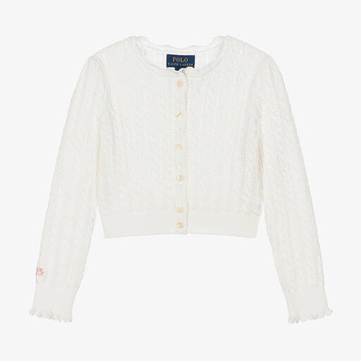 Ralph Lauren-Girls White Cotton Knit Cardigan | Childrensalon