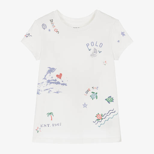 Ralph Lauren-Girls White Cotton Ocean T-Shirt | Childrensalon