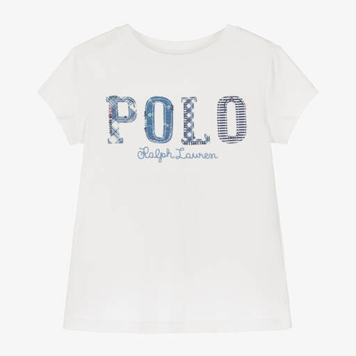 Ralph Lauren-Girls White Cotton Patchwork T-Shirt | Childrensalon