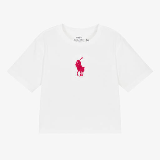 Ralph Lauren-Girls White Cotton T-Shirt | Childrensalon