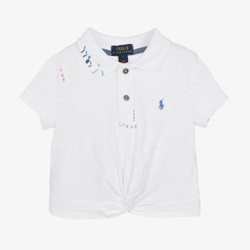 Ralph Lauren-Girls White Cotton Twist Polo Shirt | Childrensalon