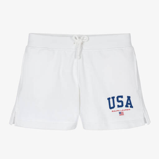 Ralph Lauren-Girls White Cotton USA Shorts | Childrensalon