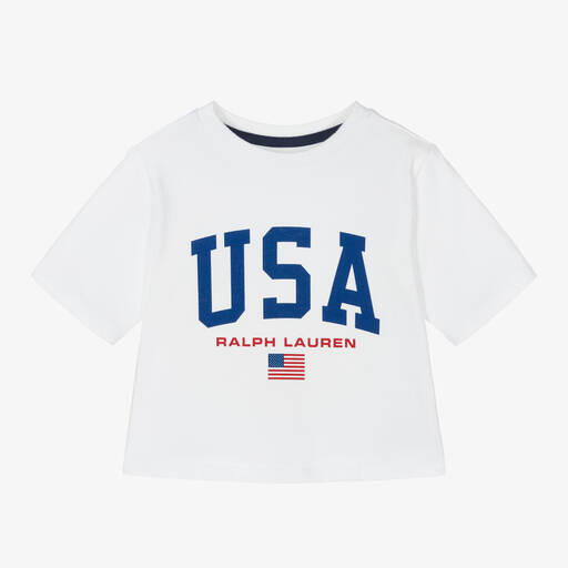 Ralph Lauren-Girls White Cotton USA T-Shirt | Childrensalon