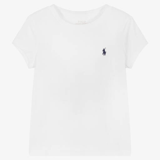 Ralph Lauren-Girls White Embroidered Cotton T-Shirt | Childrensalon
