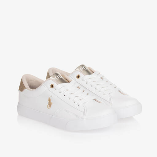 Ralph Lauren-Girls White Faux Leather Lace-Up Trainers | Childrensalon