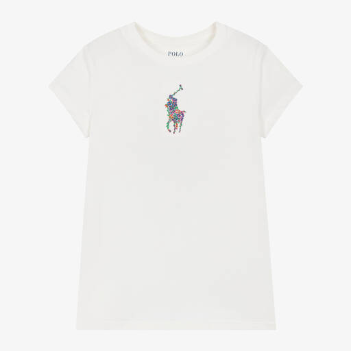 Ralph Lauren-Girls White Floral Big Pony Cotton T-Shirt | Childrensalon
