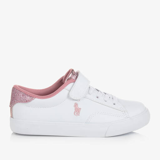 Polo Ralph Lauren-Бело-розовые кроссовки из искусственной кожи | Childrensalon