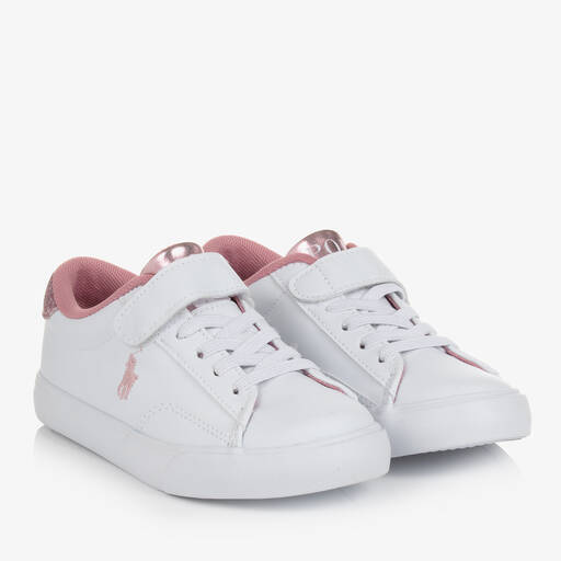 Polo Ralph Lauren-Girls White & Pink Faux Leather Trainers | Childrensalon