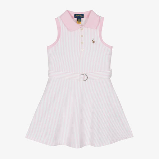 Ralph Lauren-Girls White & Pink Stripe Cotton Dress | Childrensalon
