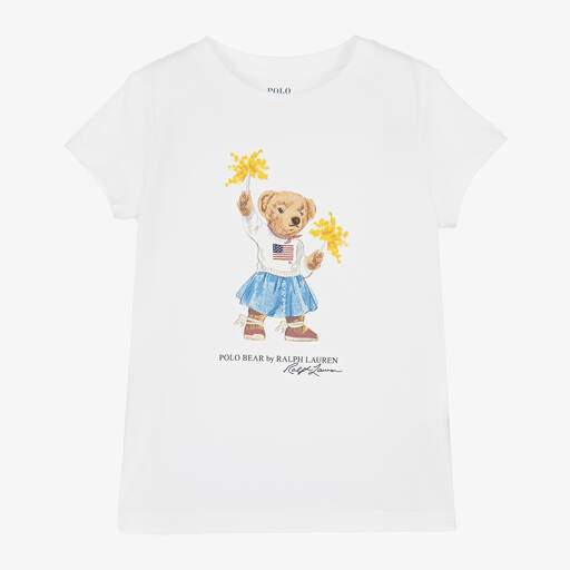 Ralph Lauren-Girls White Sparkler Bear Cotton T-Shirt | Childrensalon