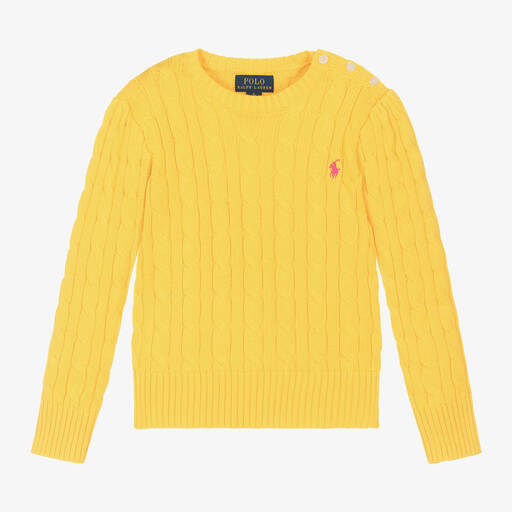 Ralph Lauren-Girls Yellow Cotton Cable Knit Sweater | Childrensalon