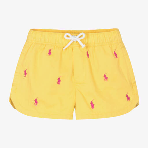 Ralph Lauren-Girls Yellow Cotton Pony Logo Shorts | Childrensalon