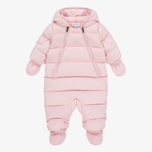Ralph Lauren-Pink Padded & Hooded Baby Snowsuit | Childrensalon
