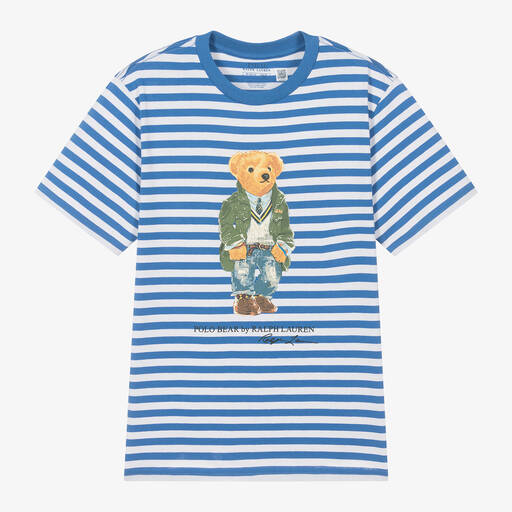 Ralph Lauren-Teen Boys Blue Cotton Stripe Bear T-Shirt | Childrensalon