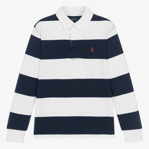 Ralph Lauren-Teen Boys Blue Stripe Cotton Rugby Shirt | Childrensalon