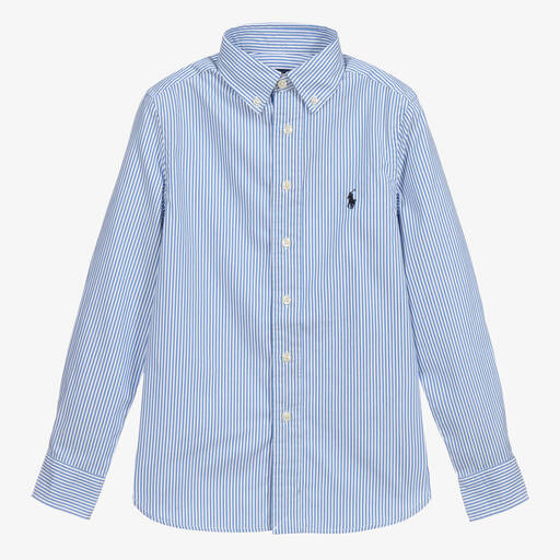 Polo Ralph Lauren-Chemise rayée bleue en coton à logo ado garçon | Childrensalon