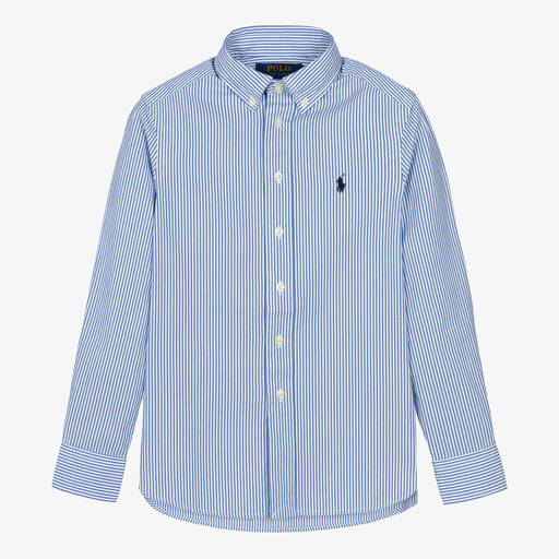 Ralph Lauren-قميص قطن بوبلين مقلم لون أزرق وأبيض للمراهقين | Childrensalon