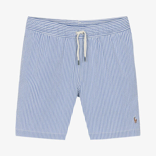 Ralph Lauren-Teen Boys Blue Striped Seersucker Swim Shorts | Childrensalon