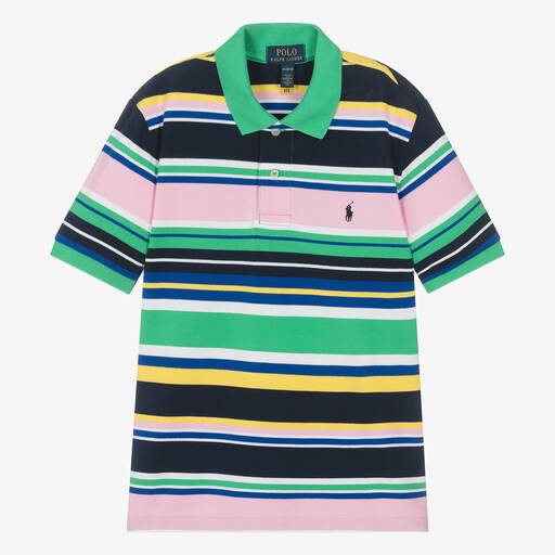 Ralph Lauren-Teen Boys Green Striped Cotton Polo Shirt | Childrensalon