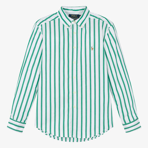 Ralph Lauren-قميص قطن بوبلين مقلم لون أخضر وأبيض للمراهقين | Childrensalon