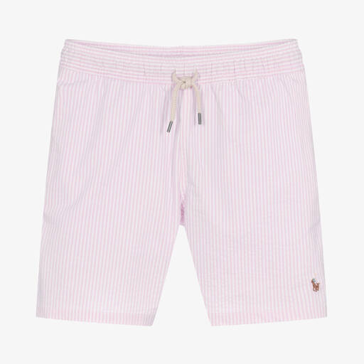 Polo Ralph Lauren-Teen Boys Pink Stripe Logo Swim Shorts | Childrensalon