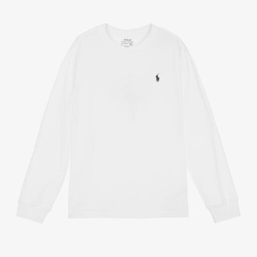 Ralph Lauren-T-shirt manches longues blanc en coton ado garçon | Childrensalon