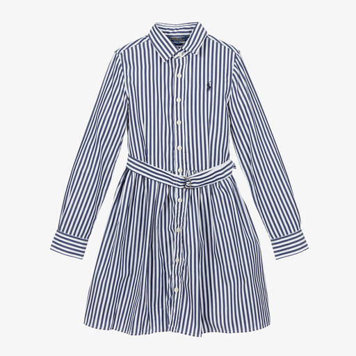 Ralph Lauren-Teen Girls Blue Striped Cotton Shirt Dress | Childrensalon