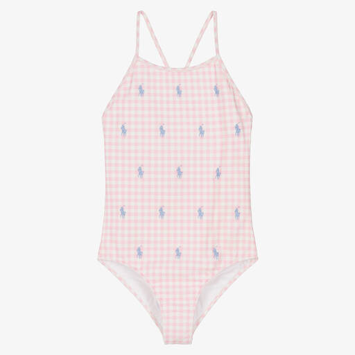 Ralph Lauren-Teen Girls Pink Gingham Pony Swimsuit | Childrensalon