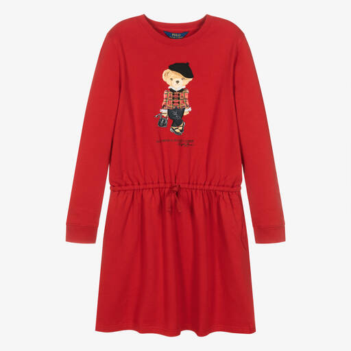 Ralph Lauren-Teen Girls Red Cotton Polo Bear Dress | Childrensalon