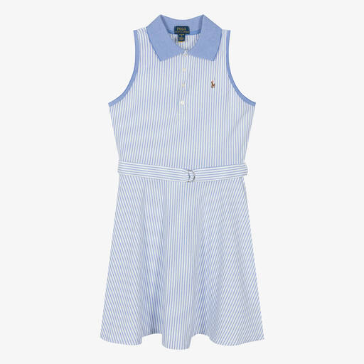 Ralph Lauren-فستان قطن بيكيه مقلم لون أبيض وأزرق للمراهقات | Childrensalon